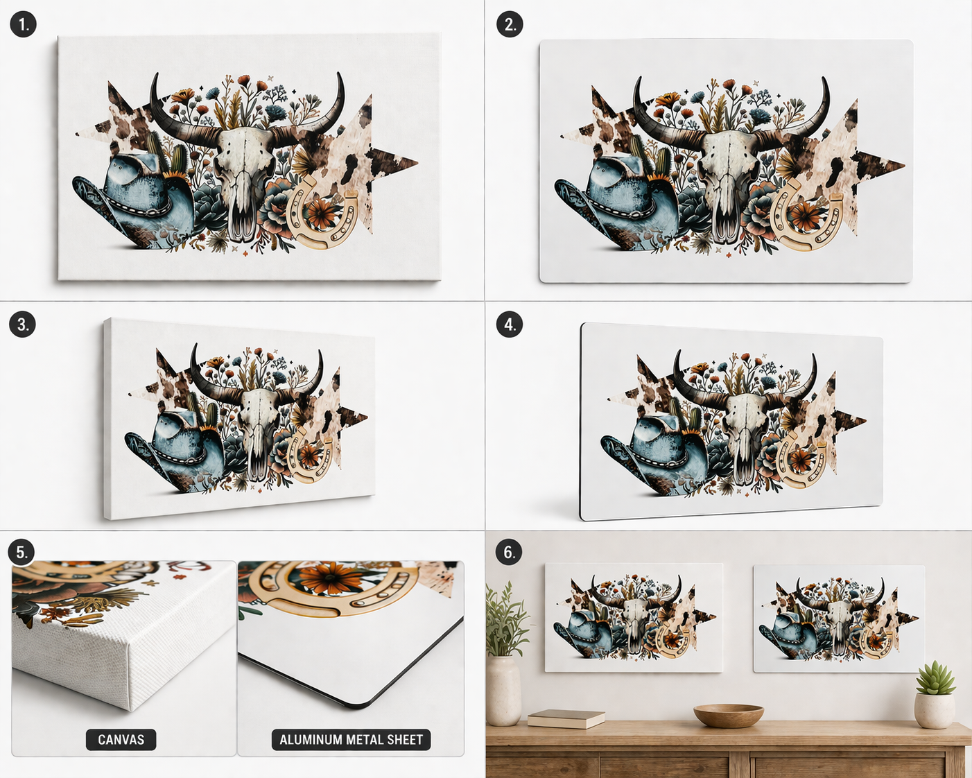 Western Skull & Wildflower Art Print – Rustic Cowgirl Canvas or Aluminum Metal Wall Decor