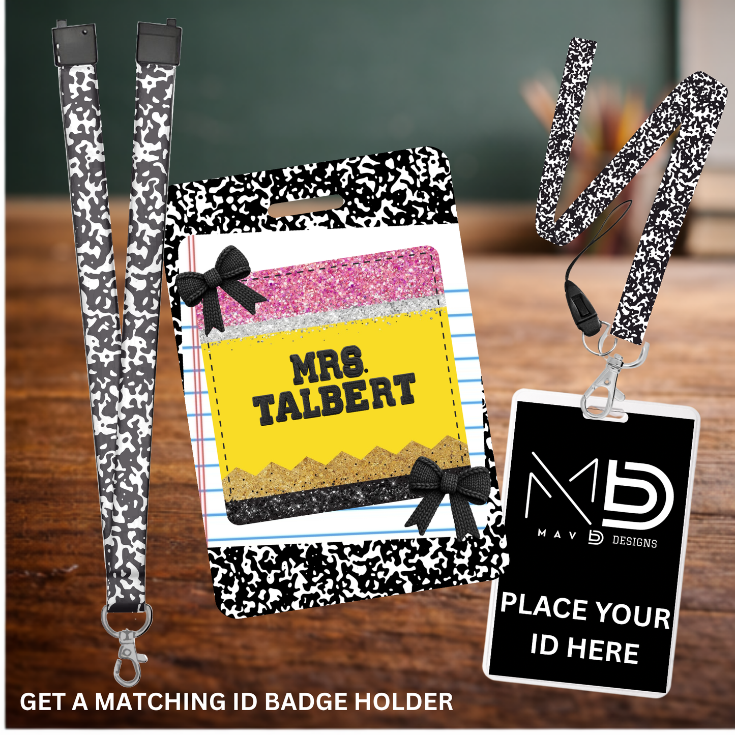 Composition Notebook Themed Sublimation Lanyard β Personalized Teacher Lanyard