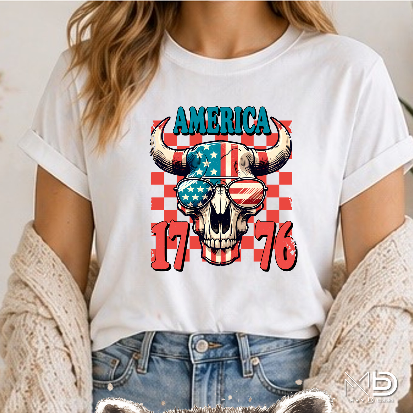 America 1776 Patriotic Bull Skull Shirt | Western USA Flag Graphic Tee | Fourth of July Cowboy T-Shirt