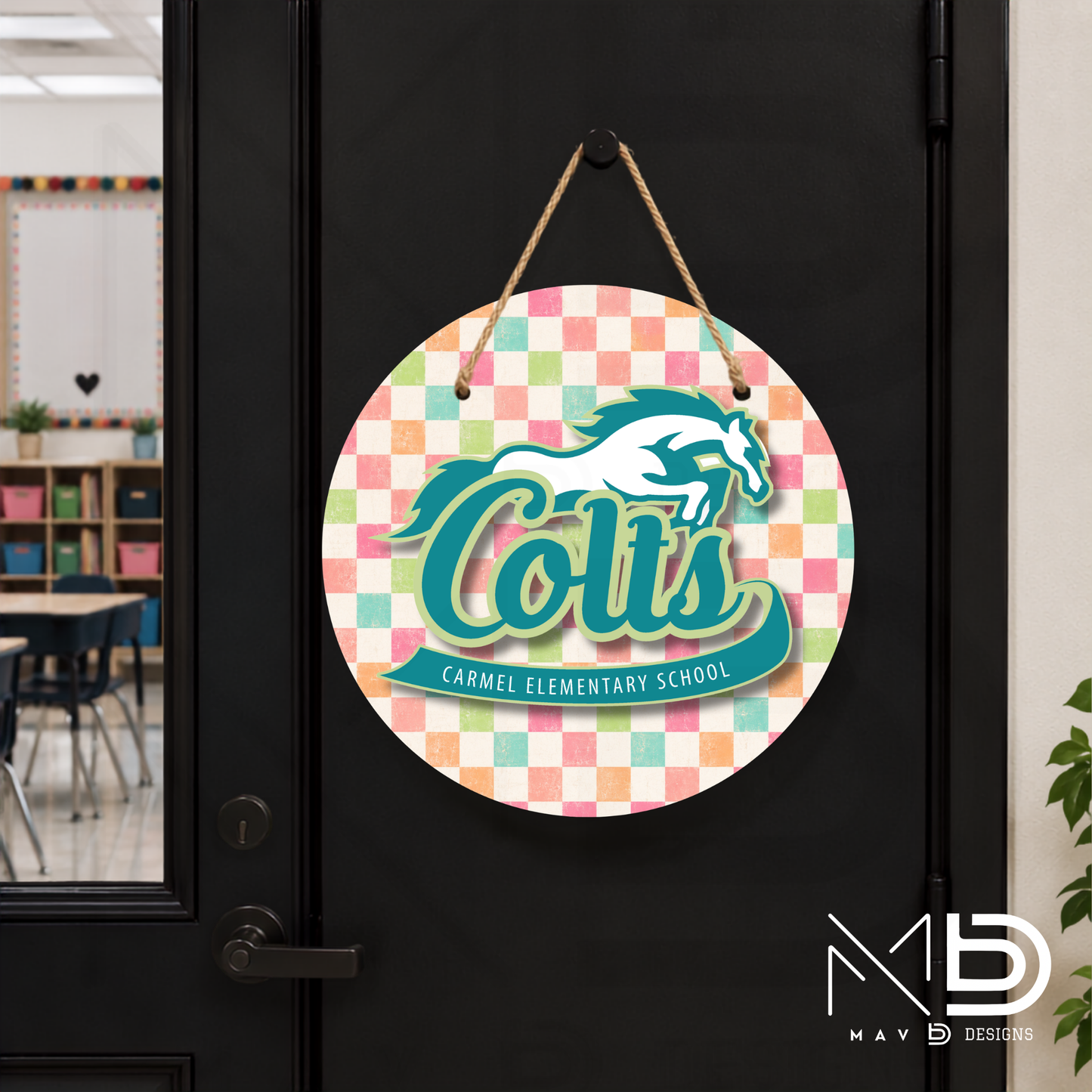 Personalize Door Hanger | Carmel Elementary Colts | Pastel Checkered | 10” or 12” Metal Door Decor