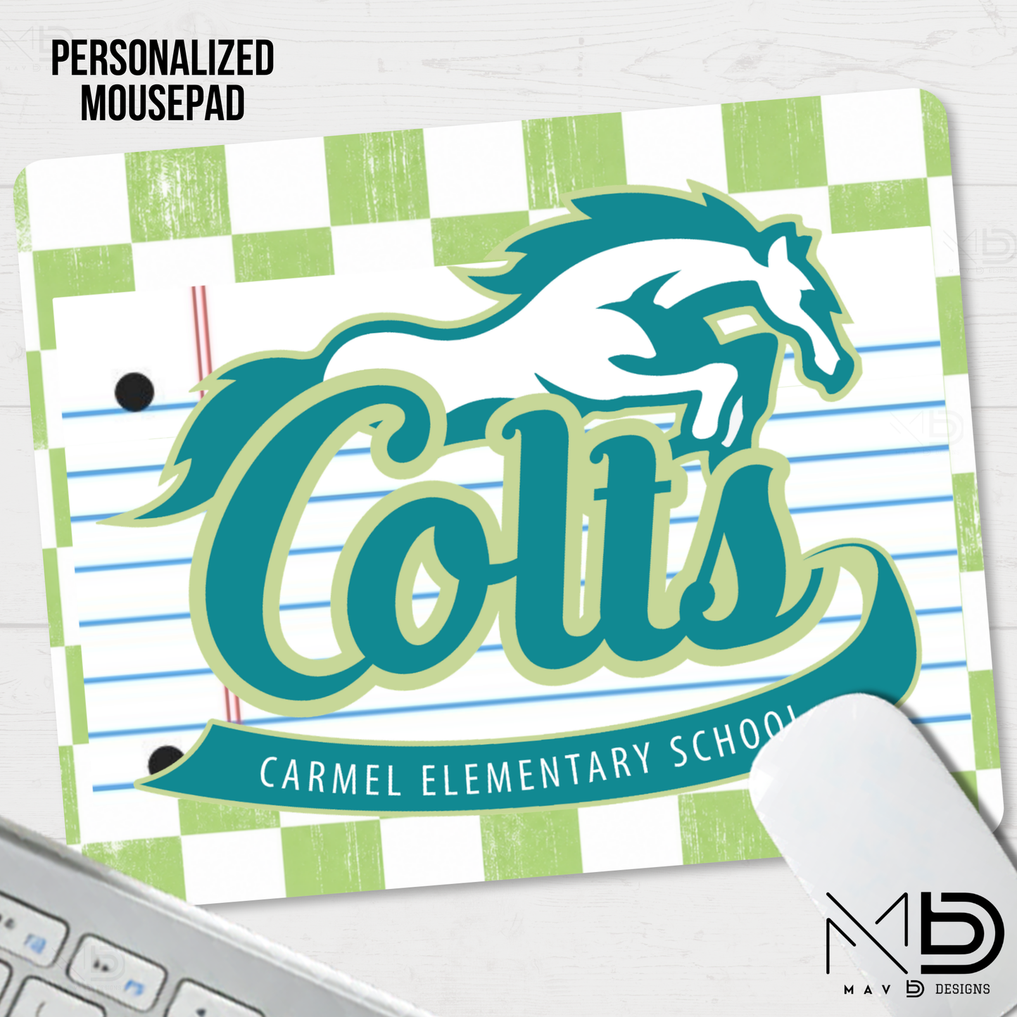 Personalized Mouse Pad | Carmel Elementary Colts | Green Checkered {MULTIPLE OPTIONS}