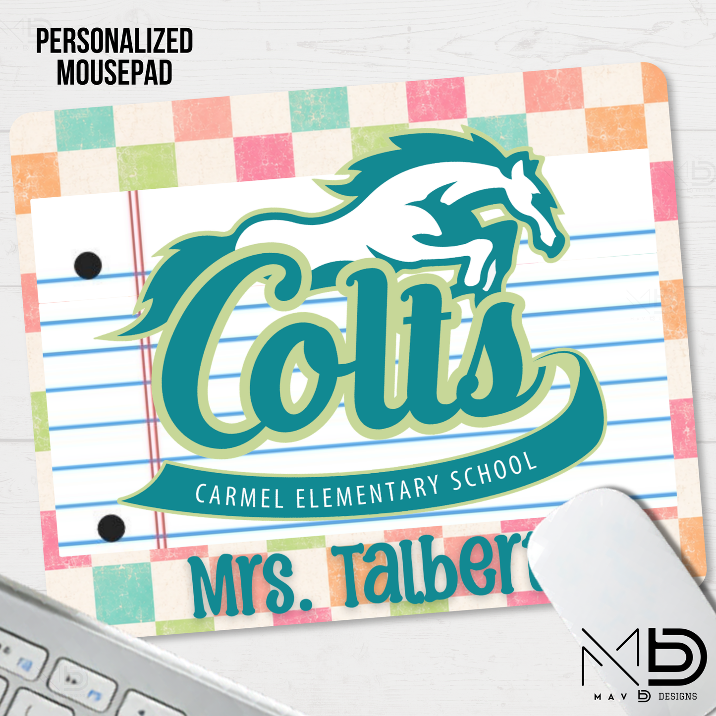 Personalized Mouse Pad | Carmel Elementary Colts | Pastel Checkered {MULTIPLE OPTIONS}