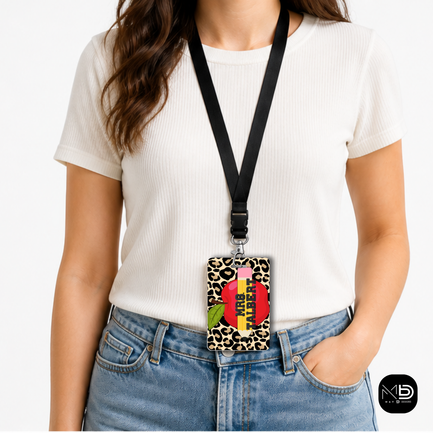 Personalized Teacher ID Badge Holder - Cheetah Apple Pencil