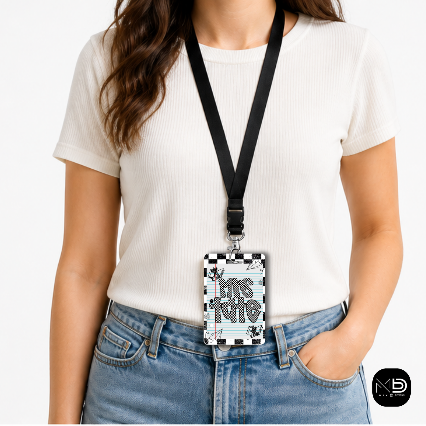 Personalized Teacher ID Badge Holder - Black Checkered Doodle