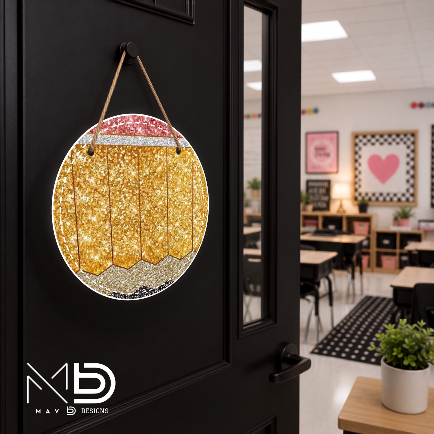 Sparkly Pencil | Personalized Teacher Door Hanger | Custom Classroom Sign | 10” Metal Door Decor