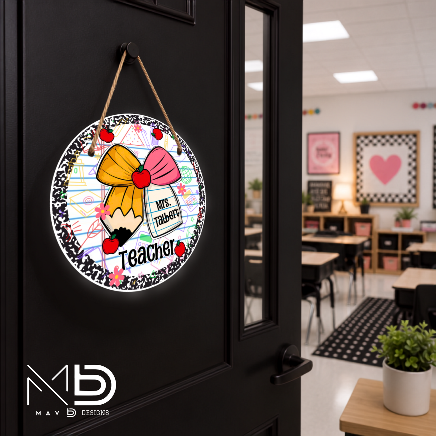 Composition Apples Doodles Bow | Personalized Teacher Door Hanger | Custom Classroom Sign | 10” Metal Door Decor