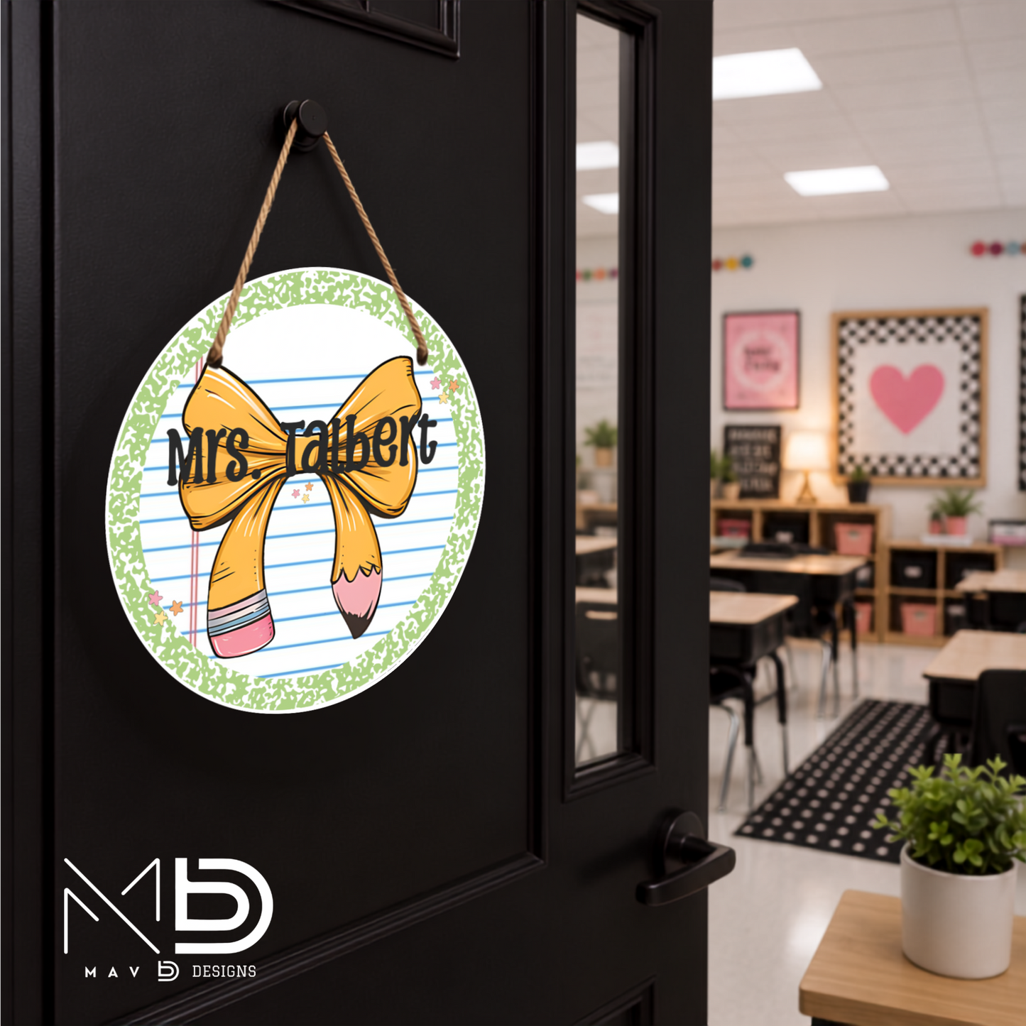Green Composition Bow | Personalized Teacher Door Hanger | Custom Classroom Sign | 10” Metal Door Decor