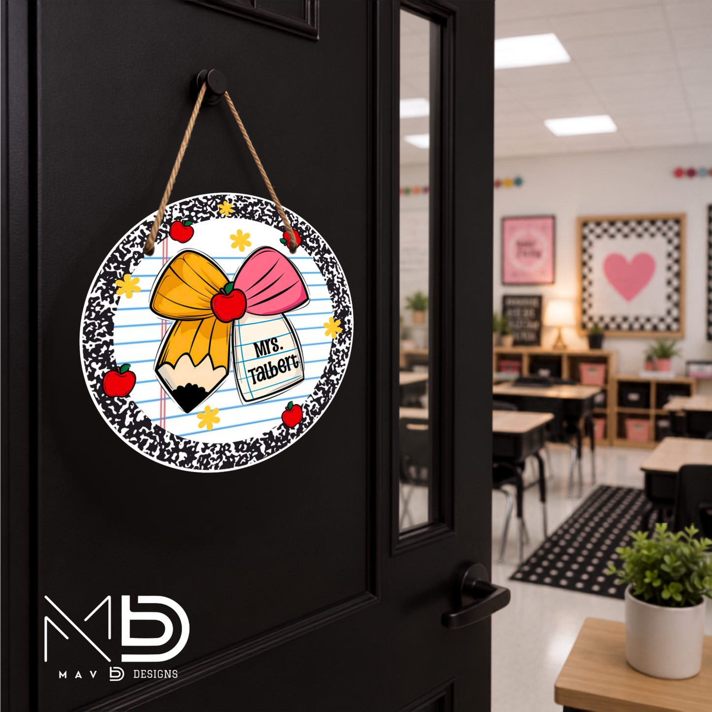 Black Composition Cutie Bow | Personalized Teacher Door Hanger | Custom Classroom Sign | 10” Metal Door Decor