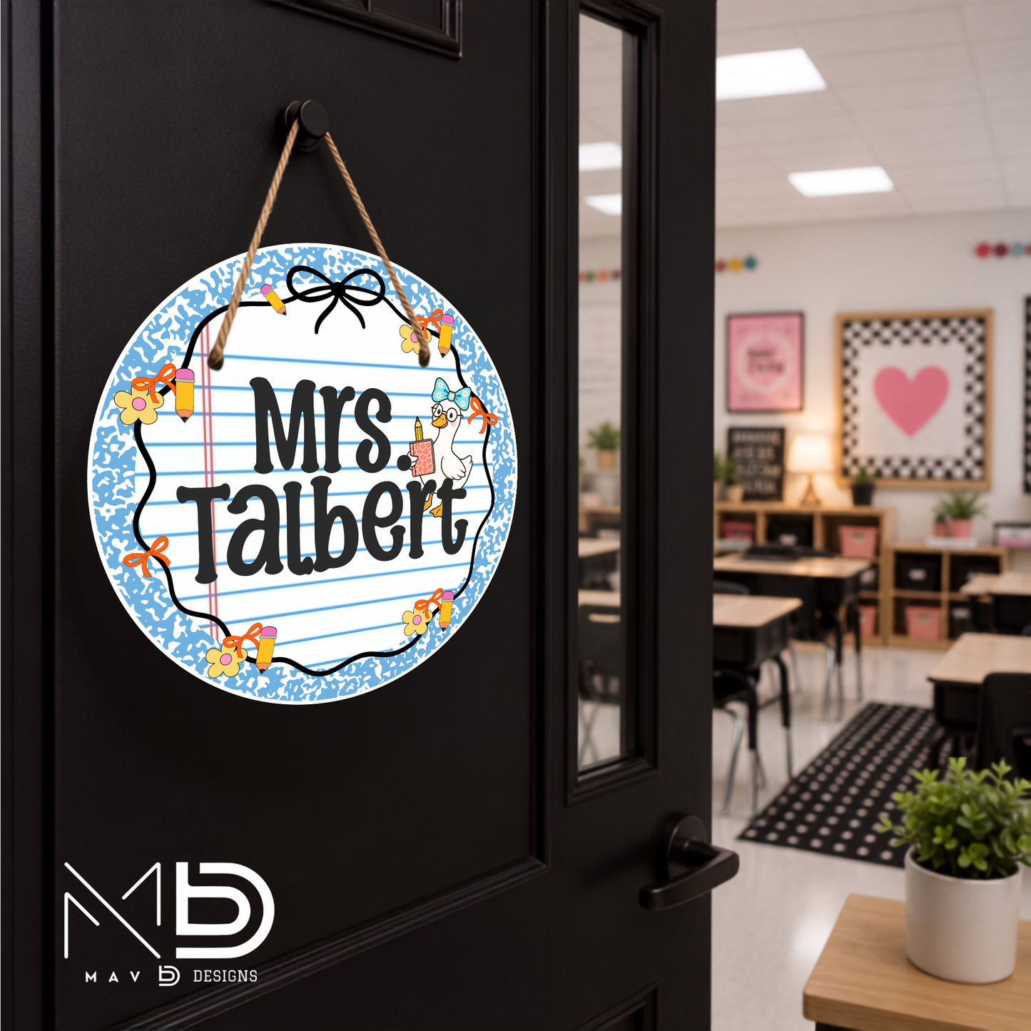 Blue Composition Goosey | Personalized Teacher Door Hanger | Custom Classroom Sign | 10” Metal Door Decor