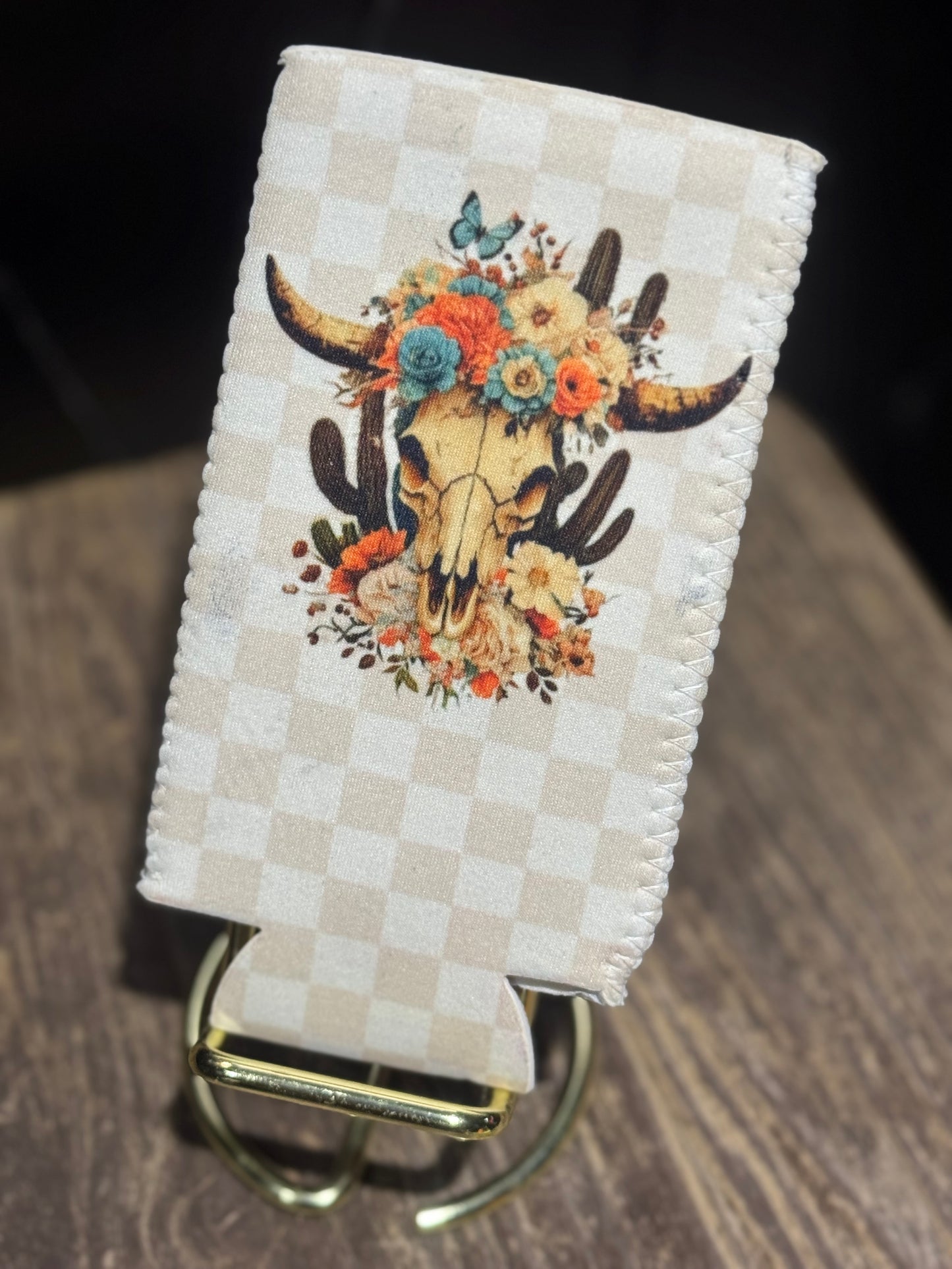 Boho Western Floral Cowskull | 12 oz Tall Skinny Can Koozie