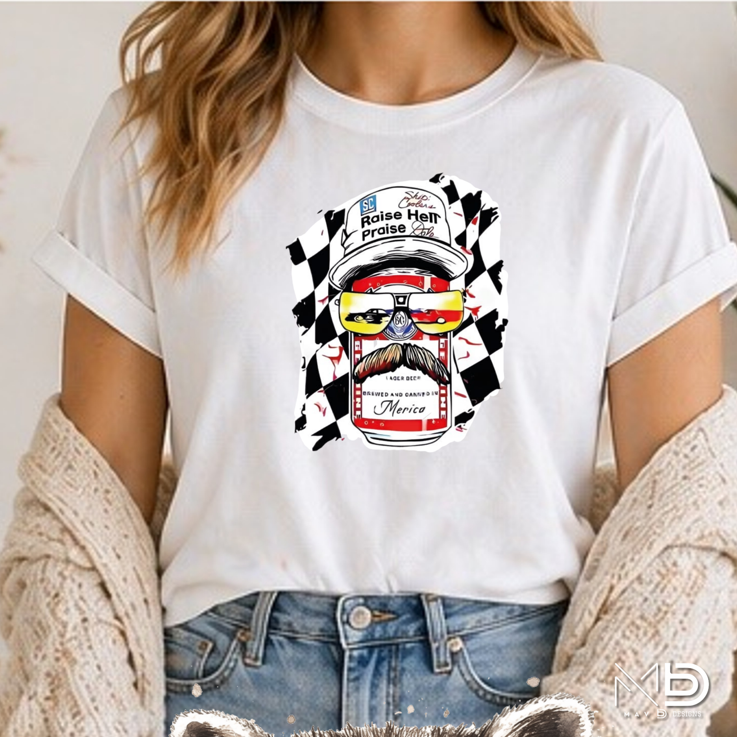 Raise Hell Praise Dale Shirt | Patriotic Racing Beer Can Tee | Redneck America Graphic Shirt