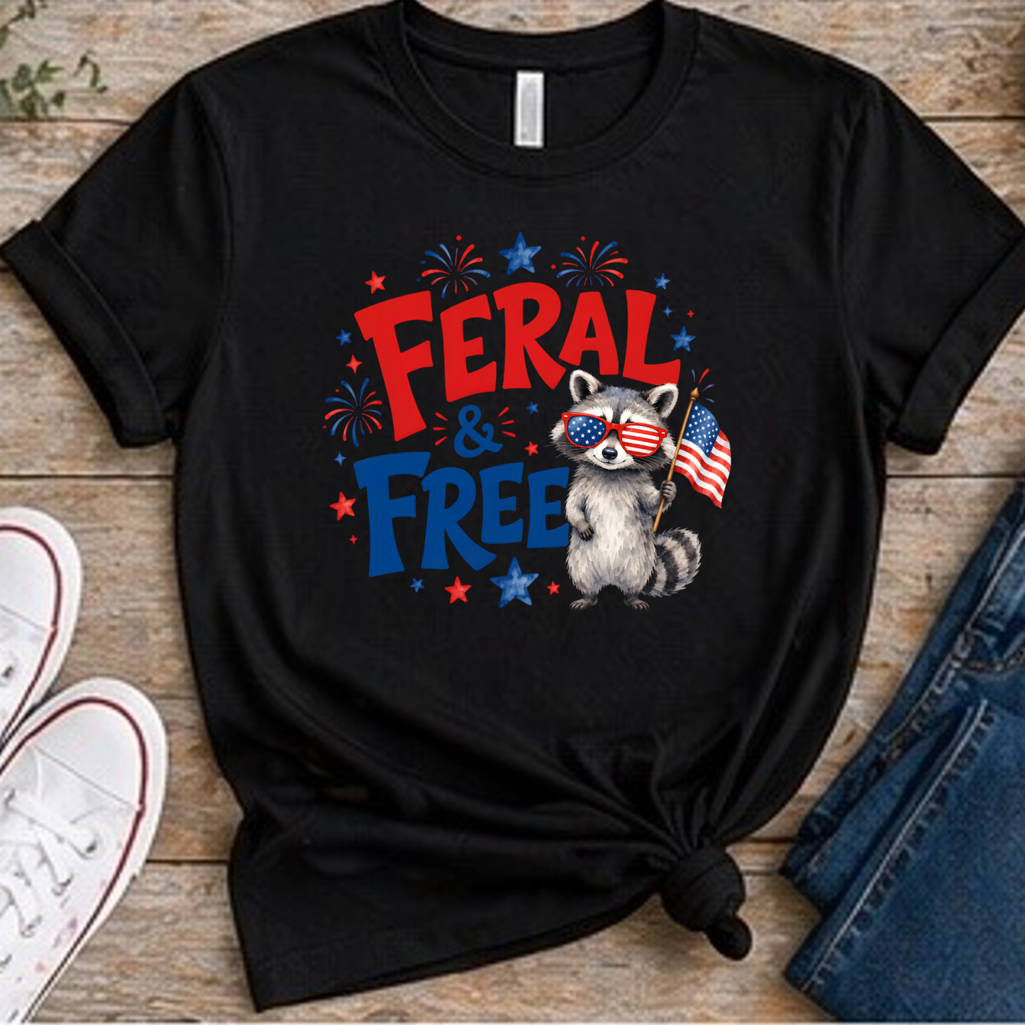 Feral & Free Raccoon Shirt | Funny Patriotic Fourth of July Tee | USA Independence Day Graphic T-Shirt
