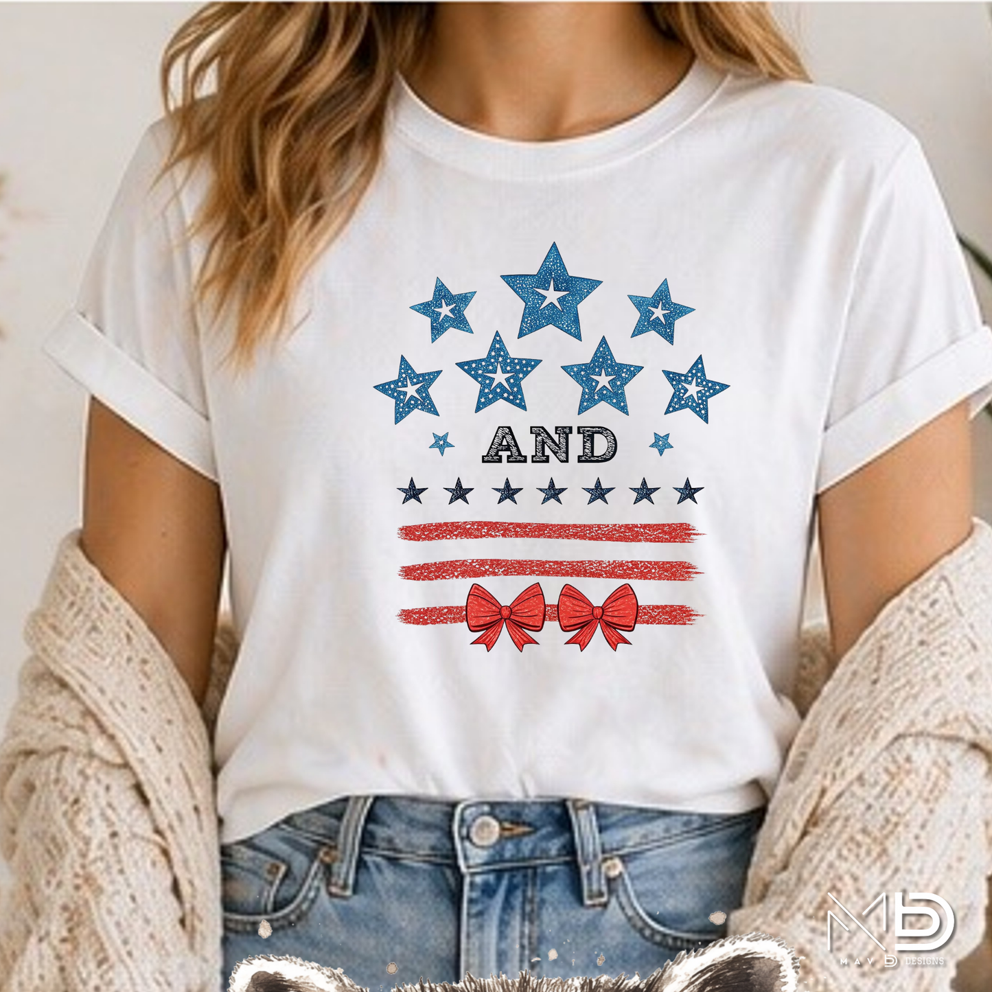 Stars and Stripes Patriotic Bow Shirt | Coquette Fourth of July Tee | Red White and Blue Bow Graphic T-Shirt | Cute Americana Shirt