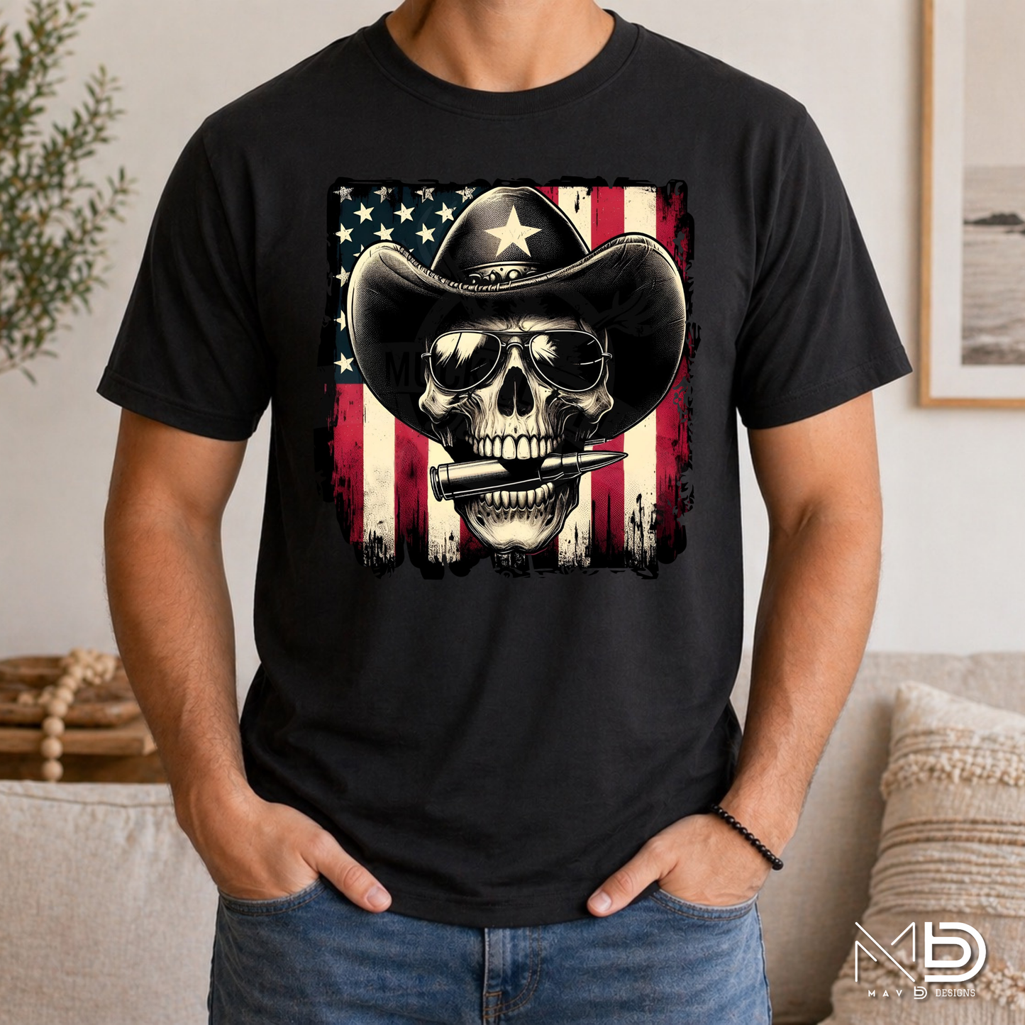 Patriotic Cowboy Skull Shirt | American Flag Western Graphic Tee