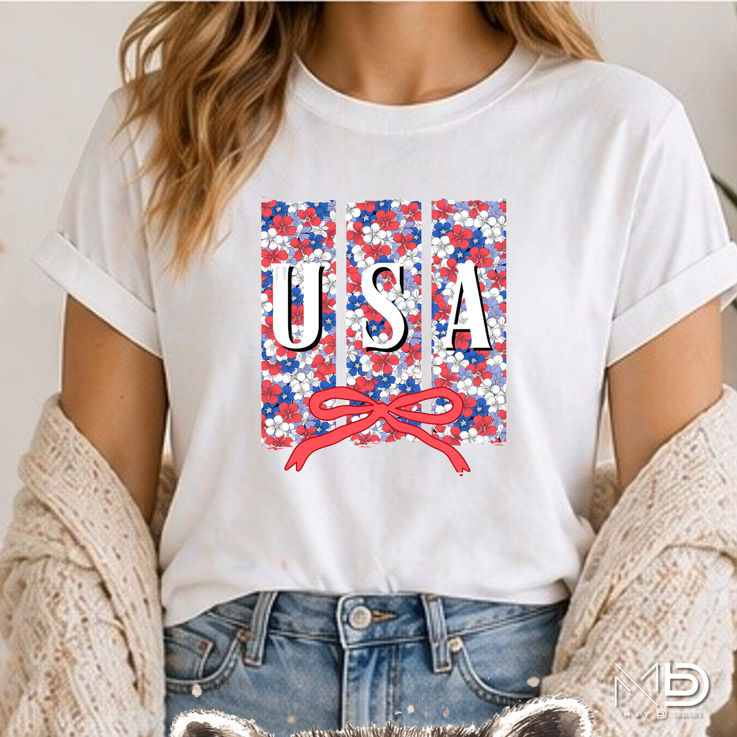 Floral USA Patriotic Shirt | Red White Blue Bow Tee | Cute Fourth of July Floral USA Shirt