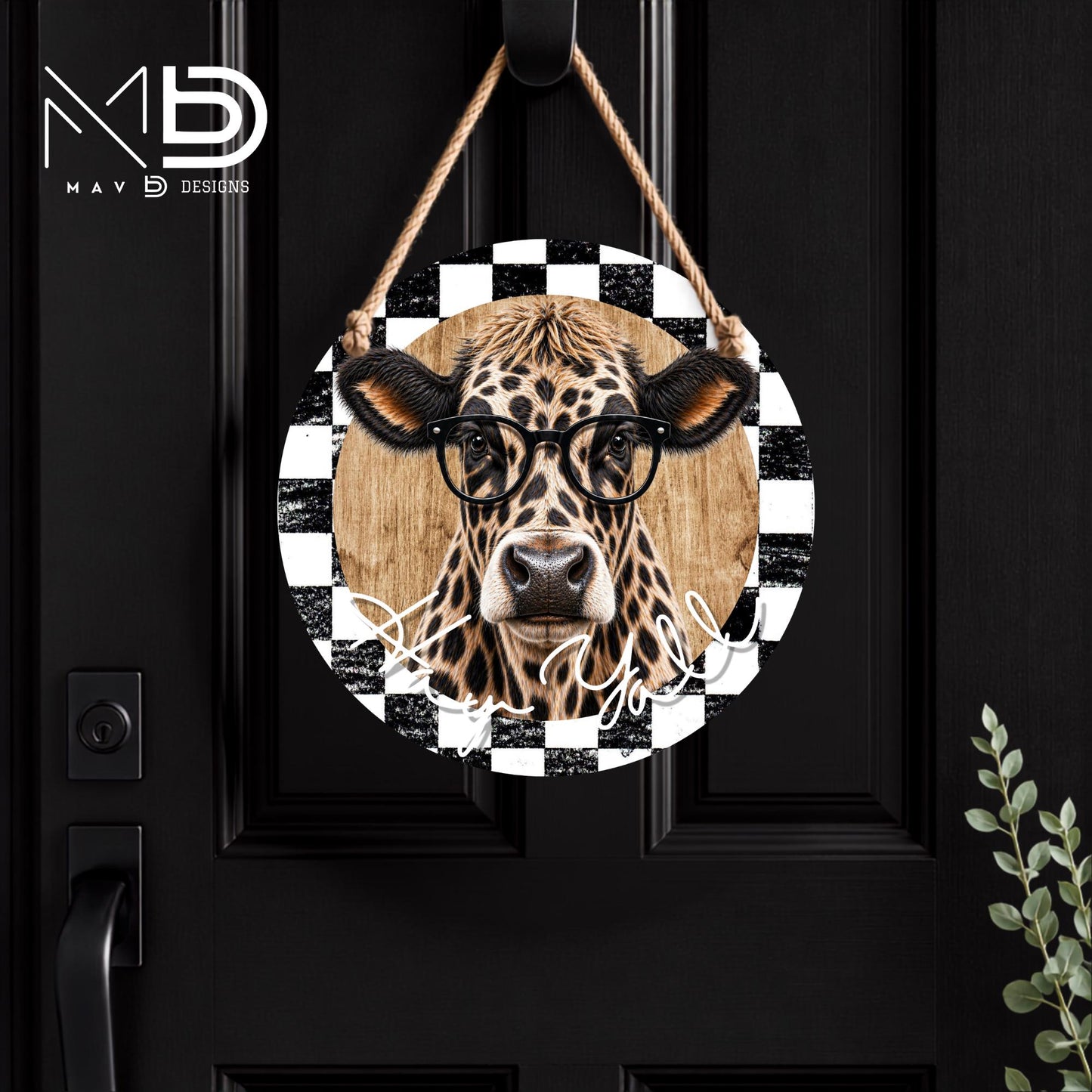 Leopard Cow With Glasses - Hay Yall | 10” Round Metal Door Hanger | Rustic Chic Front Door Sign
