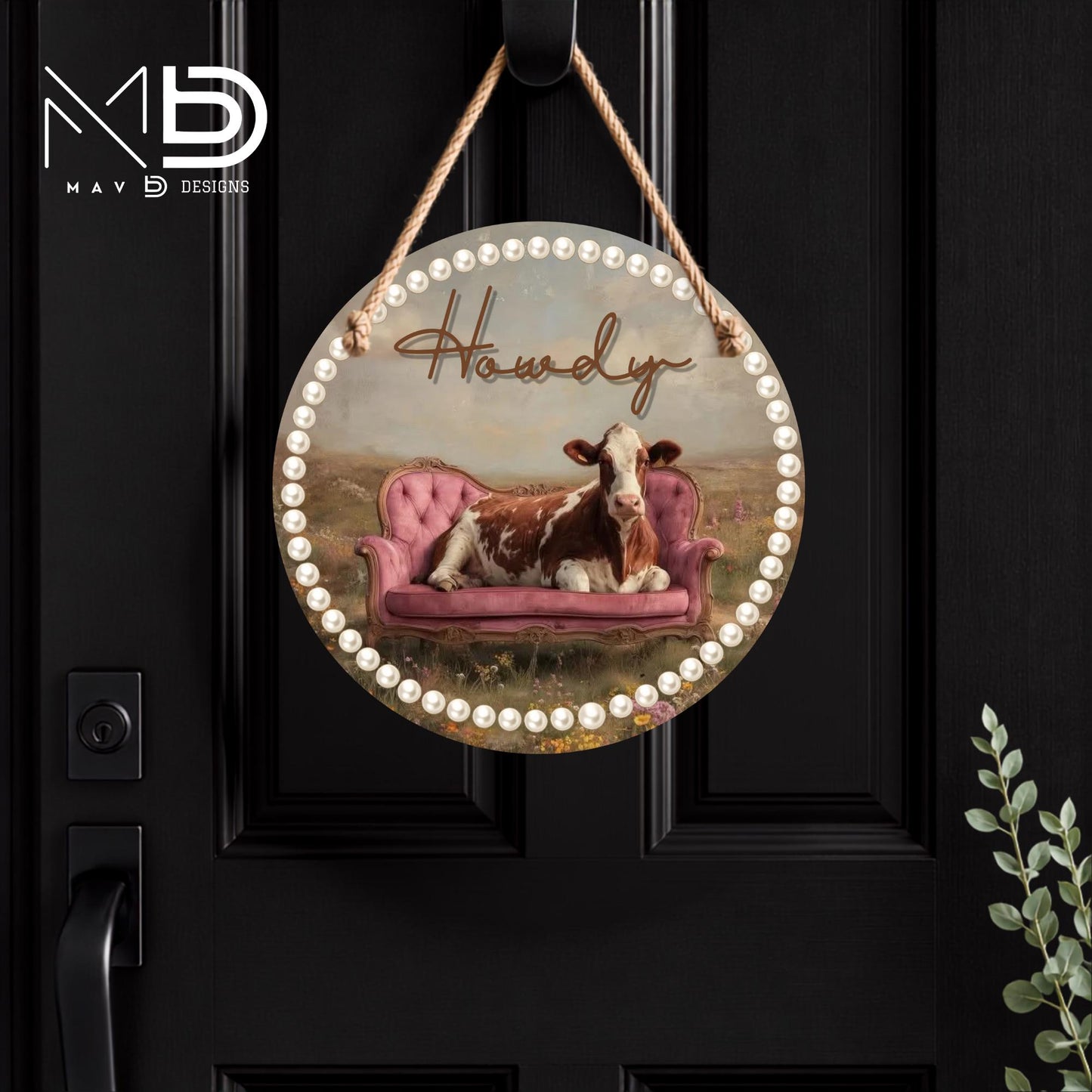 Howdy Cow and Pearls | 10” Round Metal Door Hanger | Farmhouse Front Door Sign