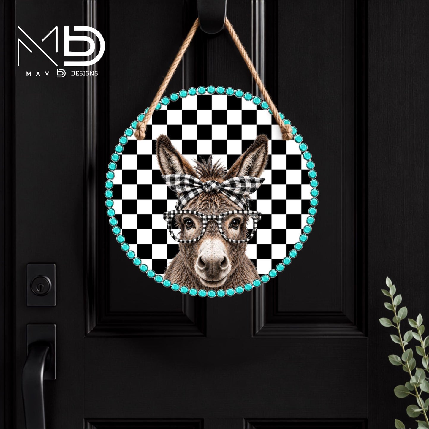 Smarty Donkey With Glasses Checkered | 10” Round Metal Door Hanger | Rustic Chic Front Door Sign