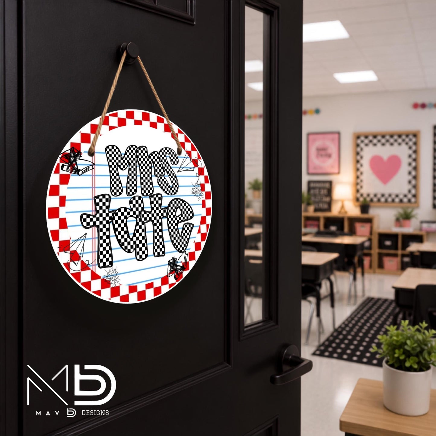 Red Retro Checkered Doodles | Personalized Teacher Door Hanger | Custom Classroom Sign | 10” Metal Door Decor