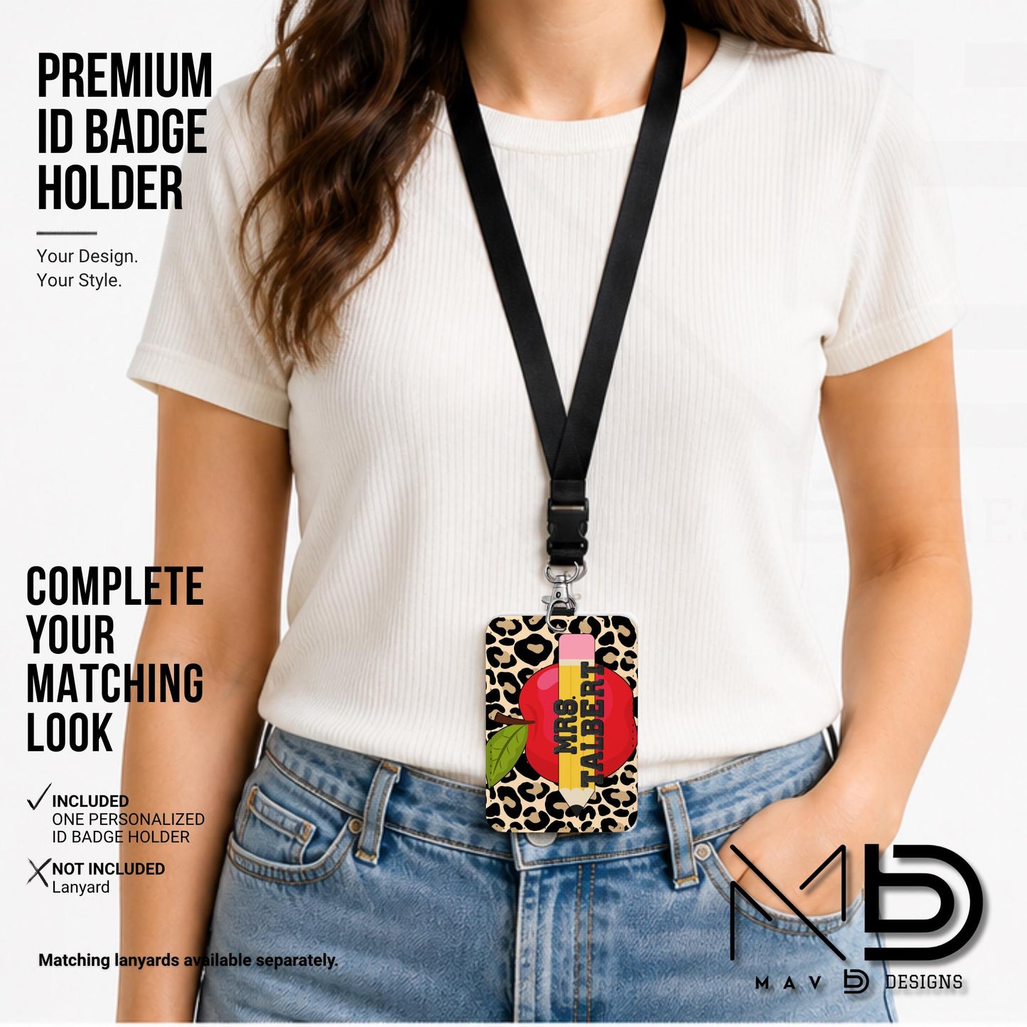 Personalized ID Badge Holder | Cheetah Print • Red Apple Pencil | Black Knit Name