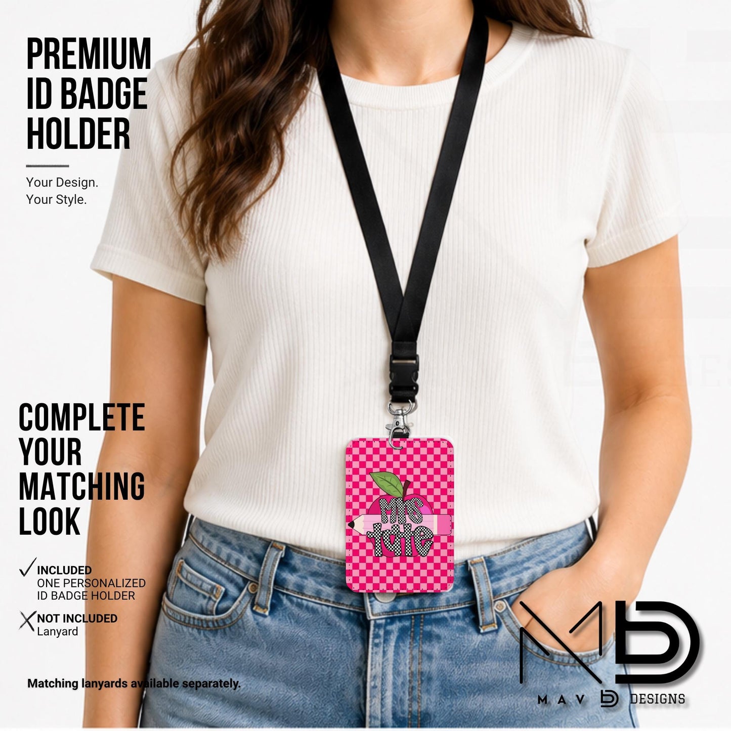 Personalized ID Badge Holder | Dual Hot Pink Checkered Pink Apple Pencil | Checkered Name | Vertical