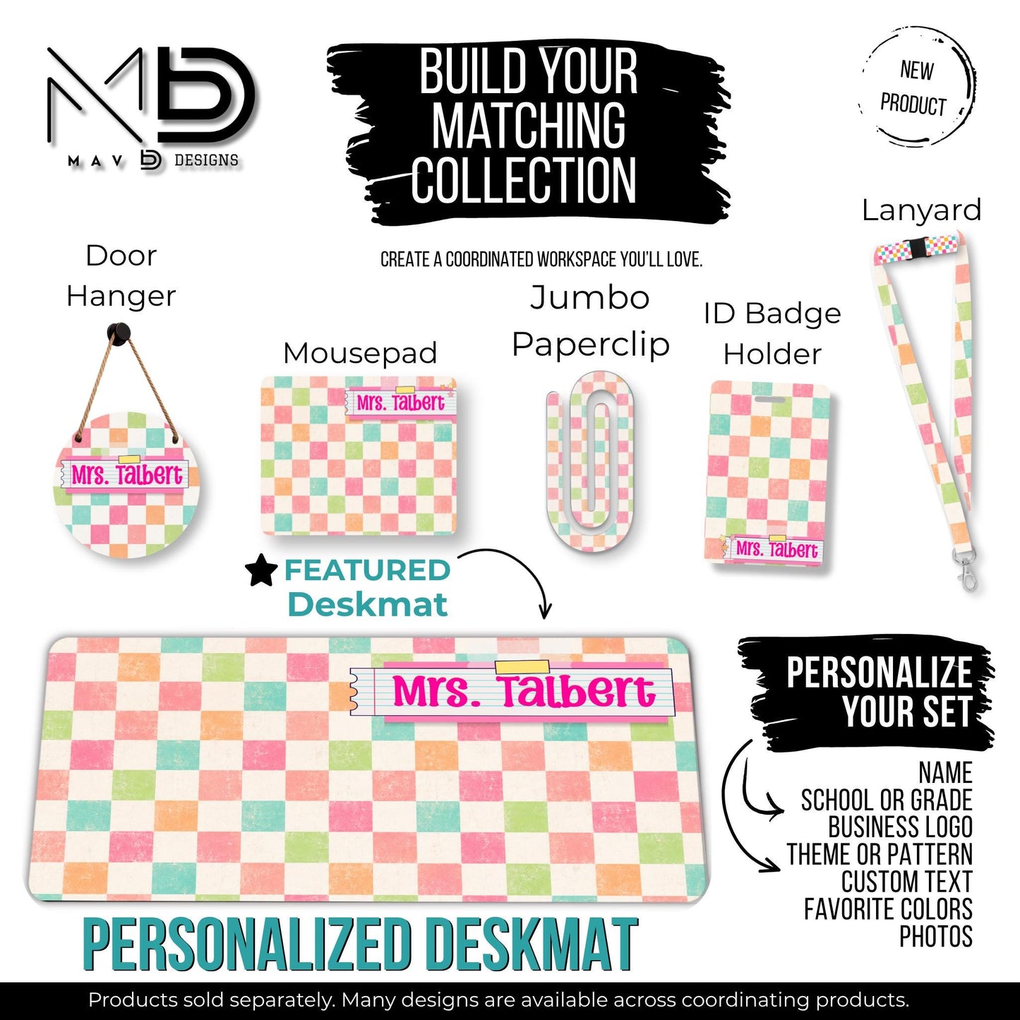 Personalized Deskmat | Distressed Pastel Checkered | Pink Post It Washi Tape | Custom Name