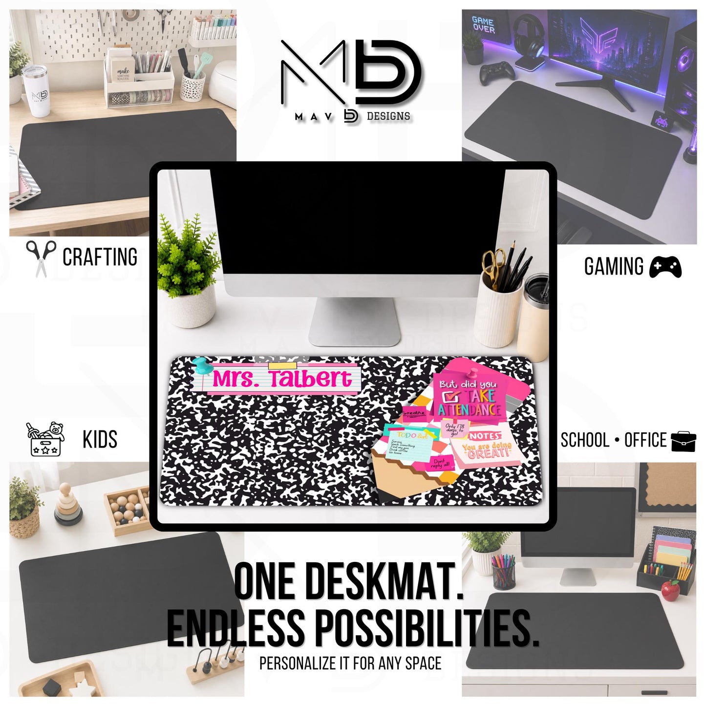 Personalized Deskmat | Black Composition | Jumbo Pencil Bulletin Board | Pink Post It Washi Tape | Sticky Notes | Custom Name