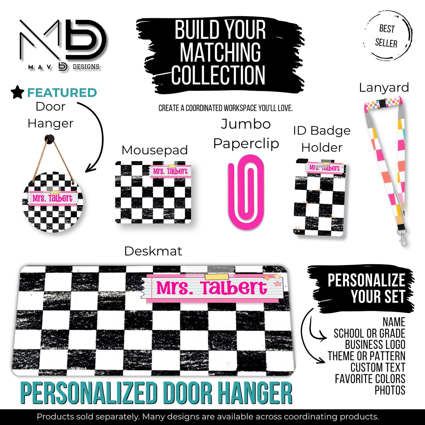 Personalized Teacher Door Hanger | Distressed Checkered Washi Tape Nameplate | 10” or 12” Metal Door Decor