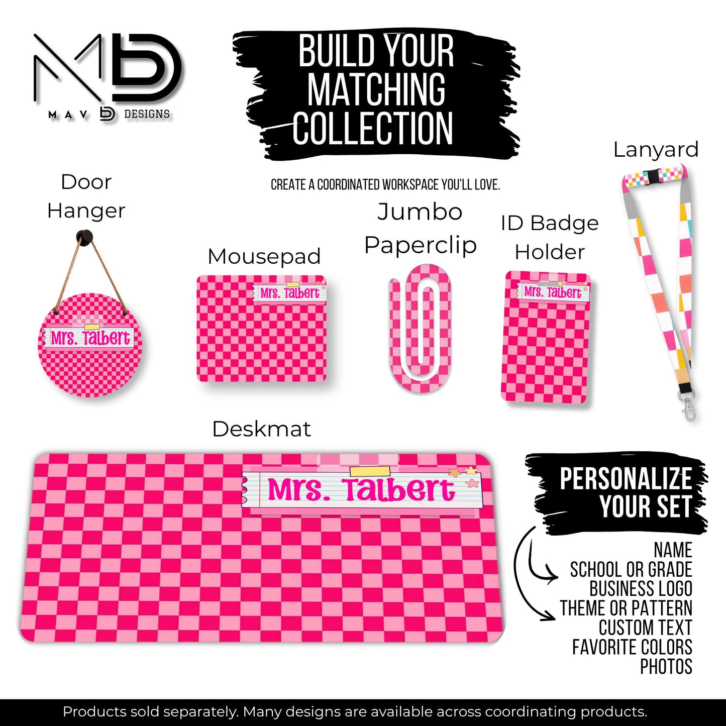 Personalized Teacher Mouse Pad | Hot Pink Checkered Washi Tape Name Plate | Custom Name