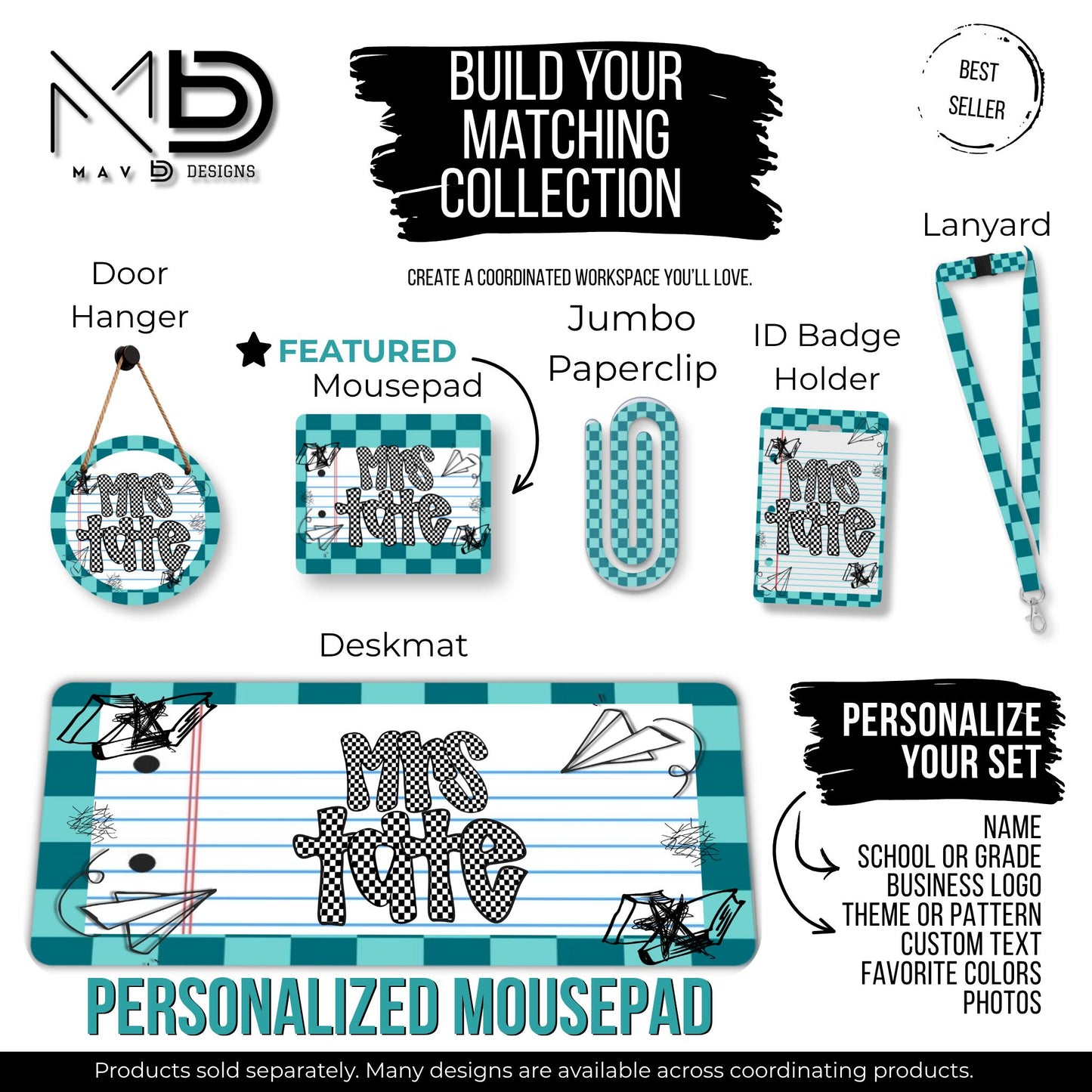 Personalized Teacher Mouse Pad | Teal Checkered Paper Doodles | Checkered Name
