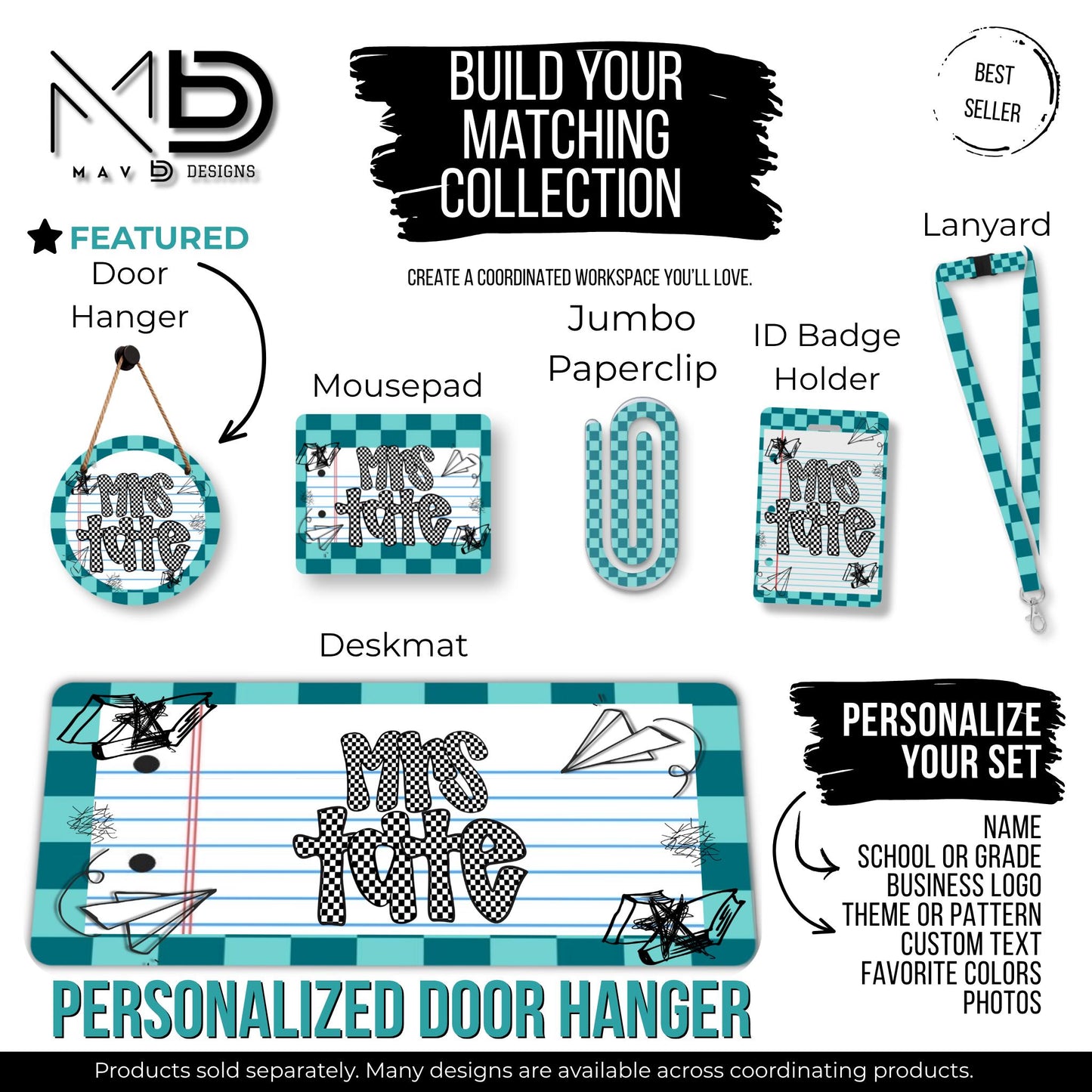 Personalized Teacher Door Hanger | Teal Checkered Paper Doodles | Checkered Name | 10” or 12” Door Hanger