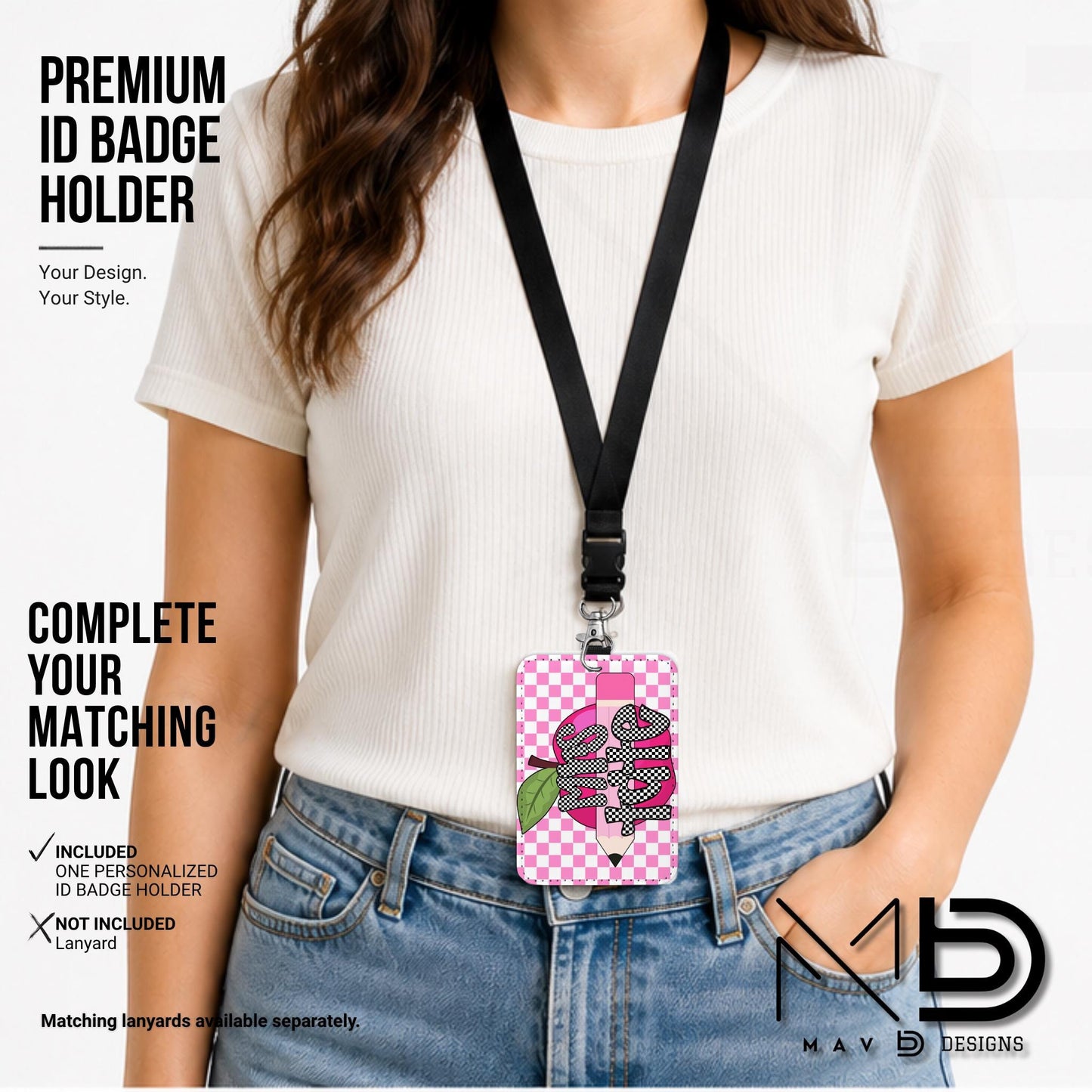 Personalized ID Badge Holder | Pink Checkered Pink Apple Pencil | Checkered Name