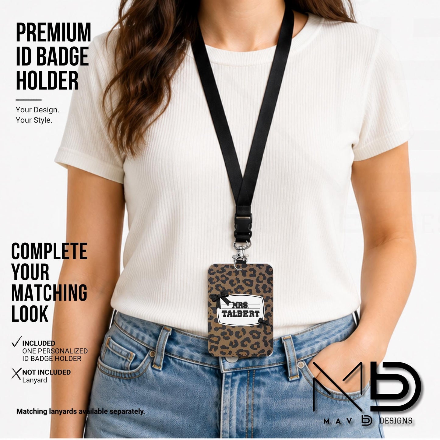 Personalized ID Badge Holder | Leopard Bow Nameplate | Black Knit Name | Custom Name
