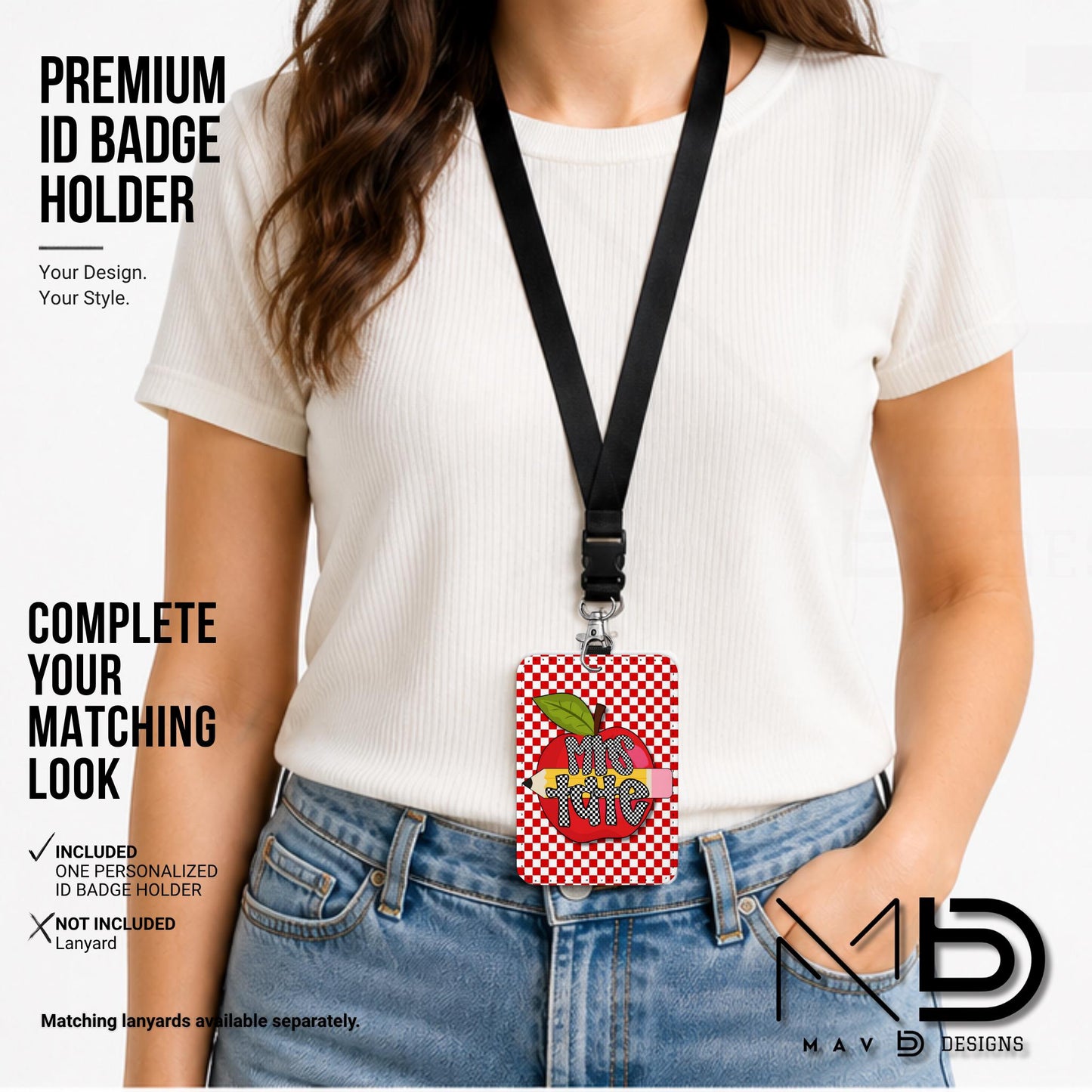 Personalized ID Badge Holder | Red Checkered Red Apple Pencil | Checkered Name | Vertical