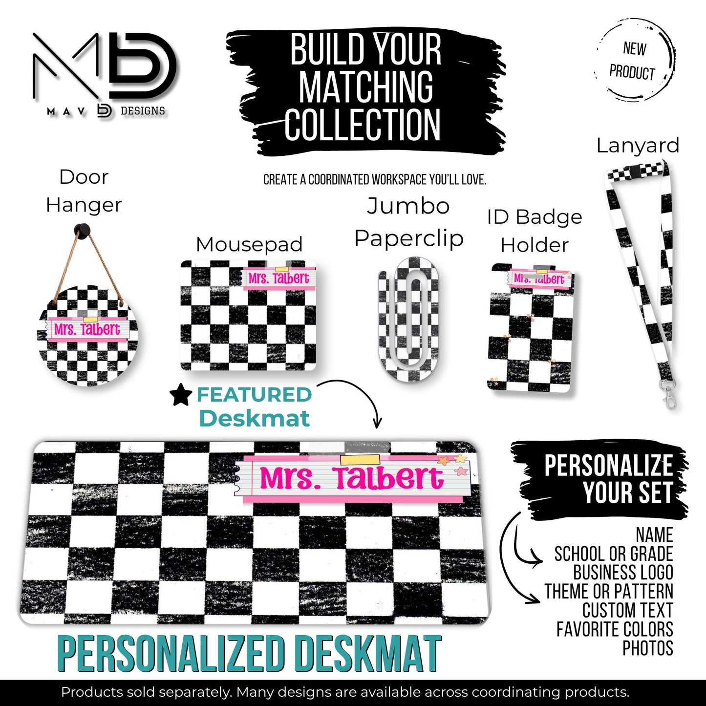 Personalized Deskmat | Distressed Checkered Print | Pink Post It Washi Tape | Custom Name