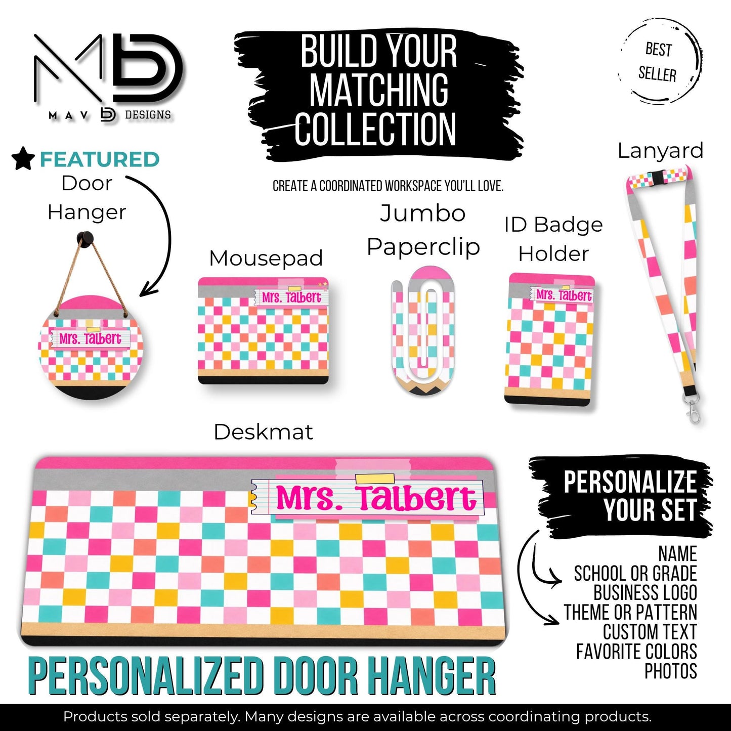 Personalized Teacher Door Hanger | Bright Checkered | Pencil | Washi Tape Nameplate | 10” or 12” Metal Door Decor