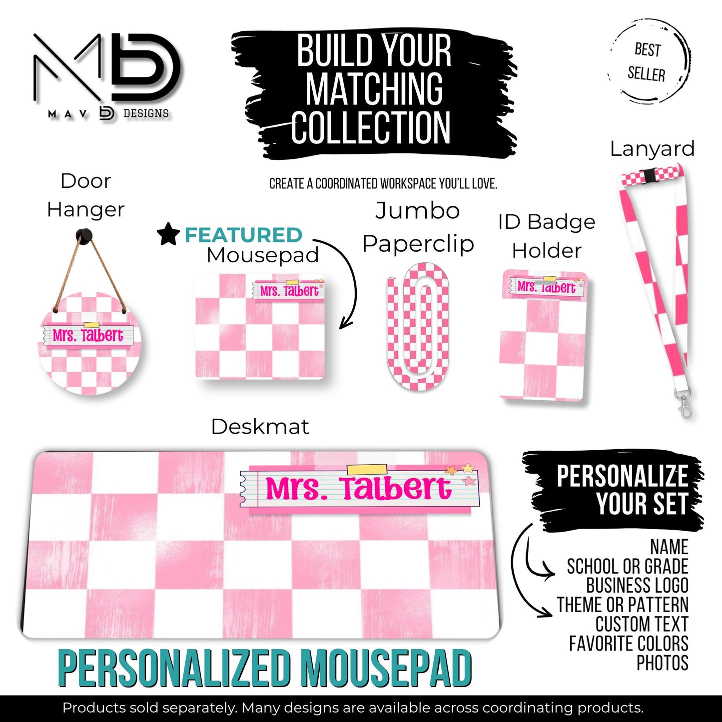Personalized Teacher Mouse Pad | Pink Distressed Checkered Post-It Washi Tape Name Plate | Custom Name