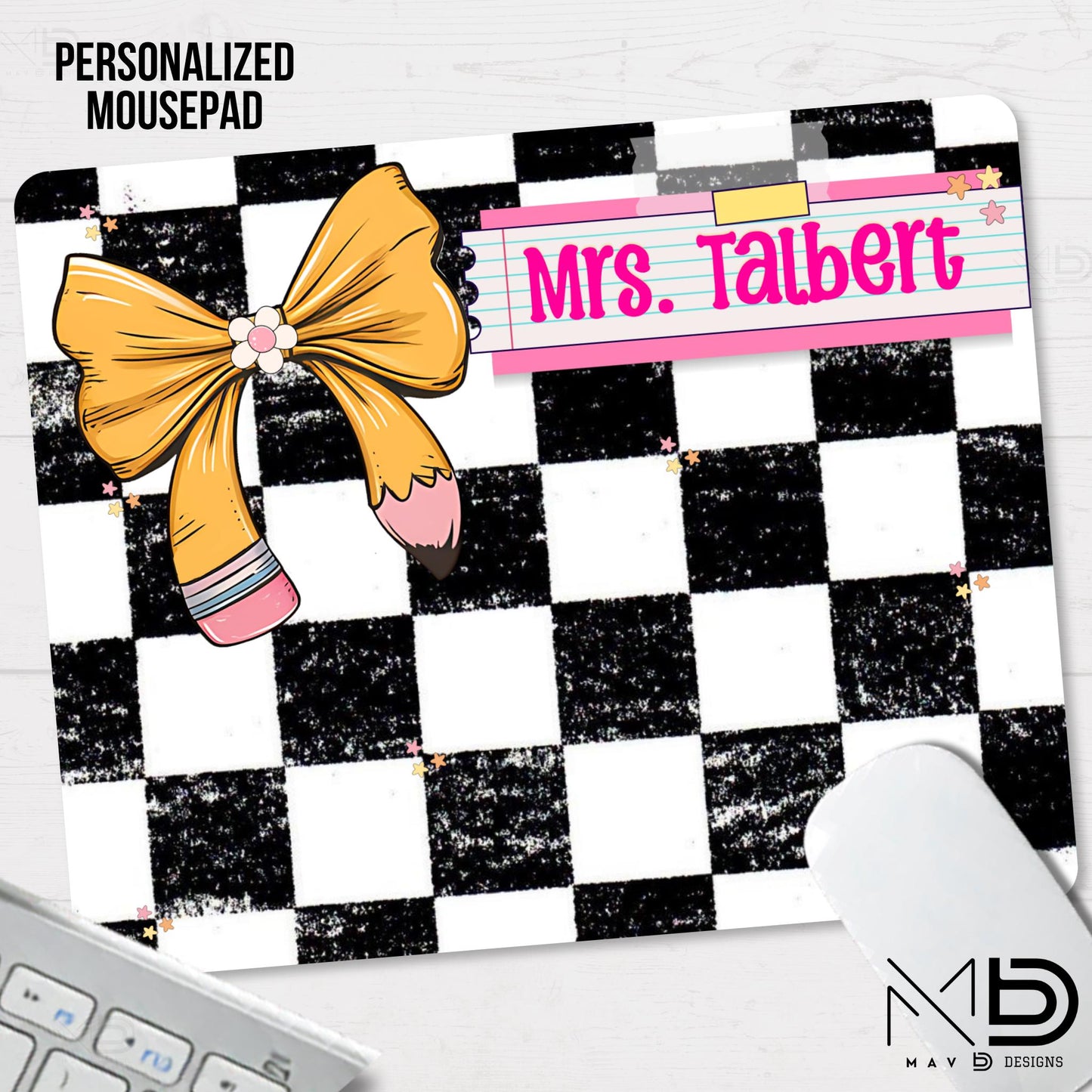 Personalized Teacher Mouse Pad | Distressed Checkered Pencil Bow | Post-It Washi Tape Name Plate | Custom Name