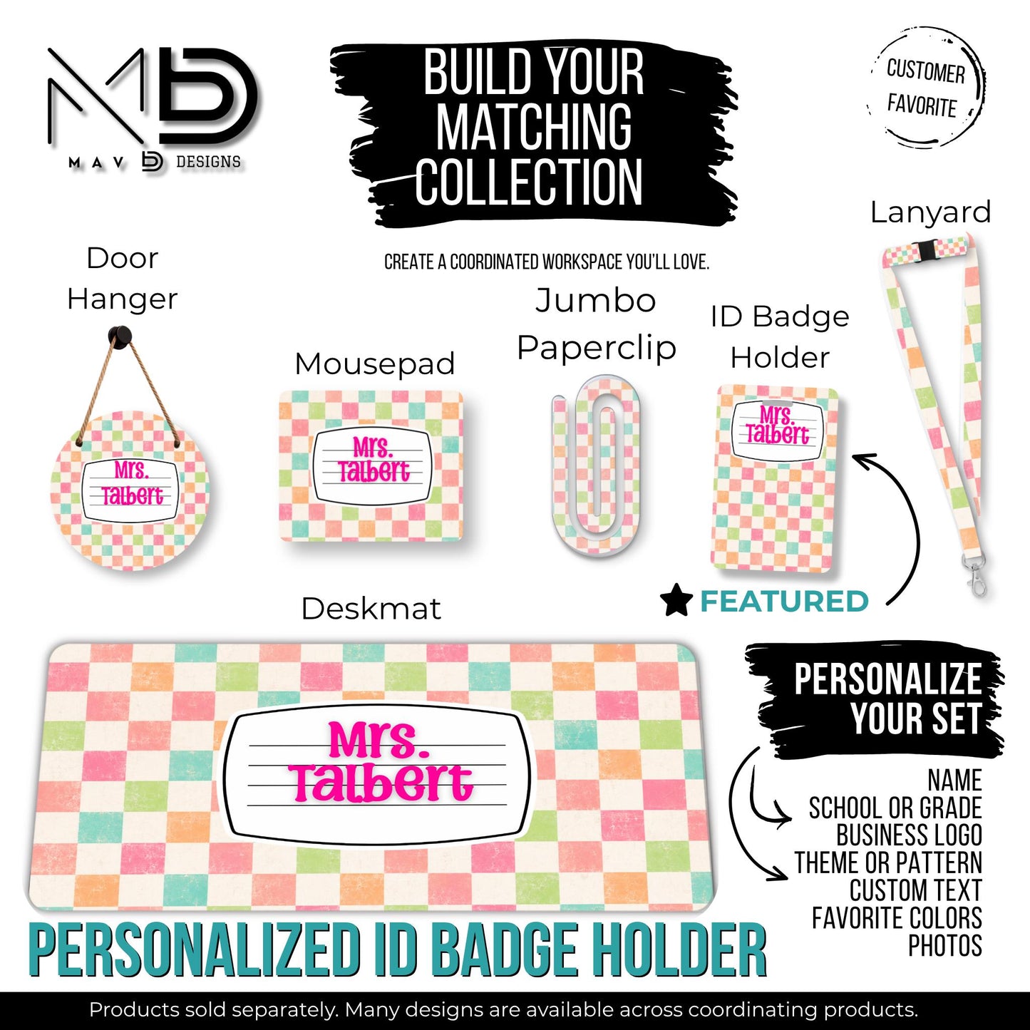 Personalized ID Badge Holder | Vibrant Checkered Composition Nameplate | Custom Name