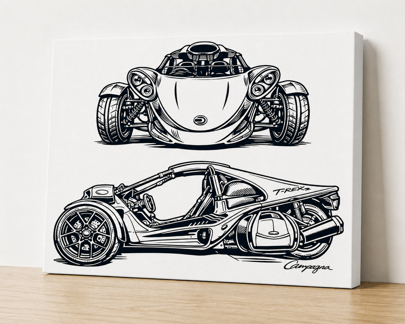 T-REX Campagna Dual View Canvas & Metal Print – Automotive Line Art Wall Art