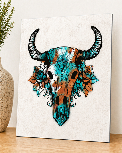 Boho Bull Skull Canvas & Metal Print – Southwest Floral Western Wall Art