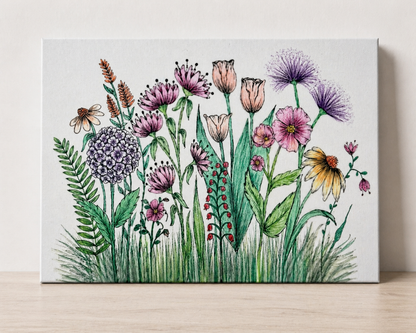 Hand-Drawn Wildflower Botanical Canvas & Metal Print – Pen & Ink Floral Wall Art by Jody Prell