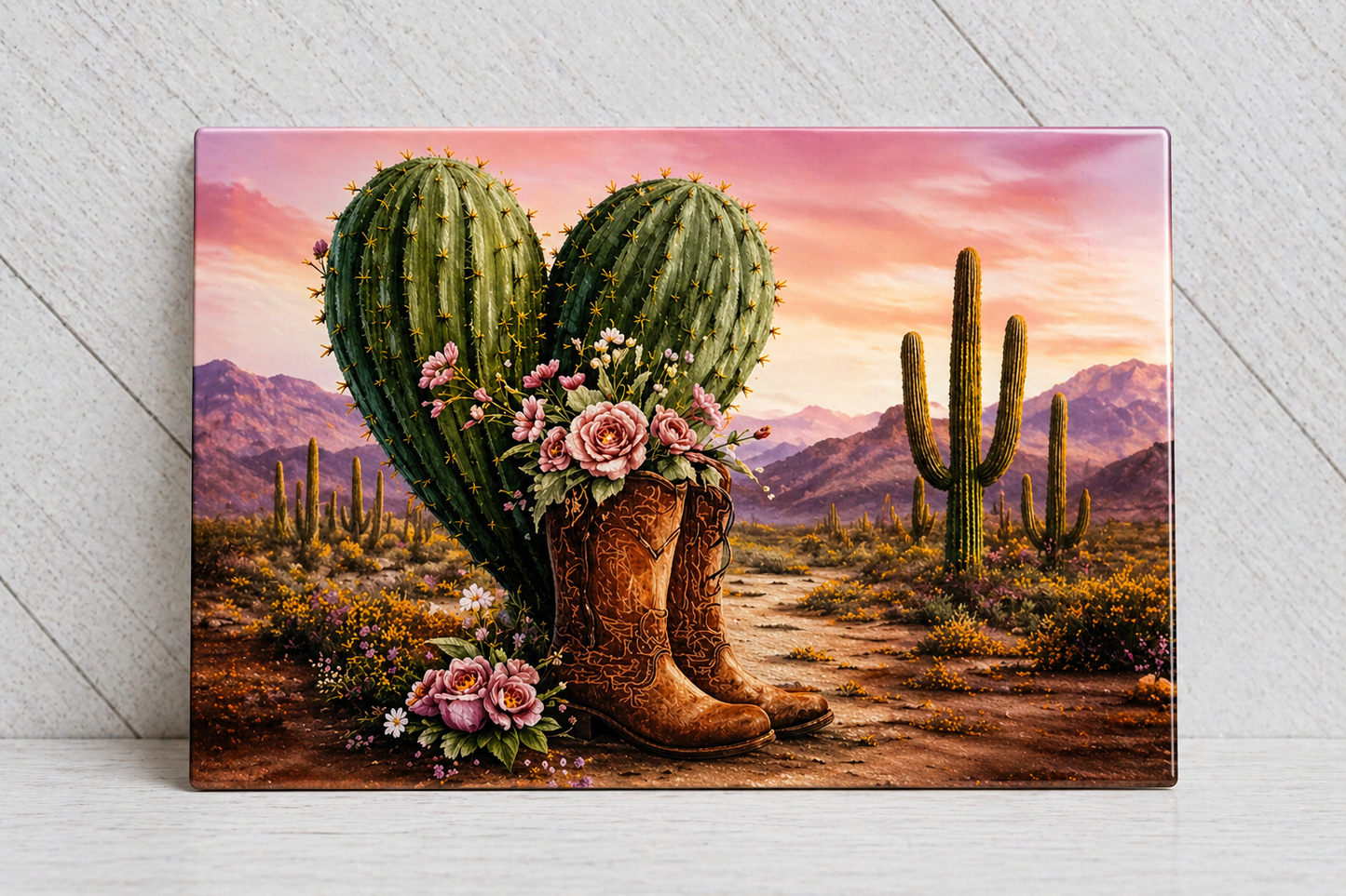 Western Cactus Heart Wall Art with Cowboy Boots – Canvas or Metal Print – Rustic Desert Floral Cowgirl Decor