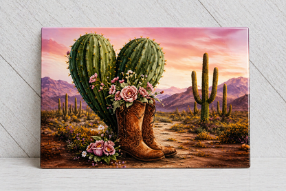 Western Cactus Heart Wall Art with Cowboy Boots – Canvas or Metal Print – Rustic Desert Floral Cowgirl Decor