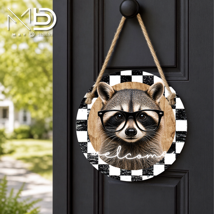 Cutie Welcome Raccoon | 10” Round Metal Door Hanger | Farmhouse Front Door Sign