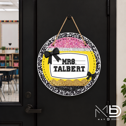 Composition Sparkly Pencil and Bows | Personalized Teacher Door Hanger | Custom Classroom Sign | 10” Metal Door Decor