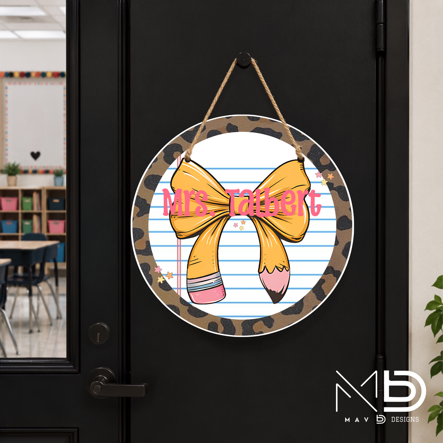 Leopard Pencil Bow | Personalized Teacher Door Hanger | Custom Classroom Sign | 10” Metal Door Decor
