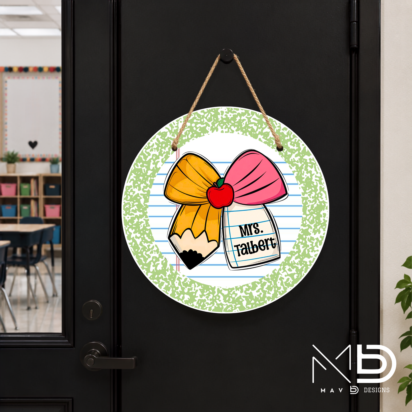 Green Composition Cutie Bow | Personalized Teacher Door Hanger | Custom Classroom Sign | 10” Metal Door Decor