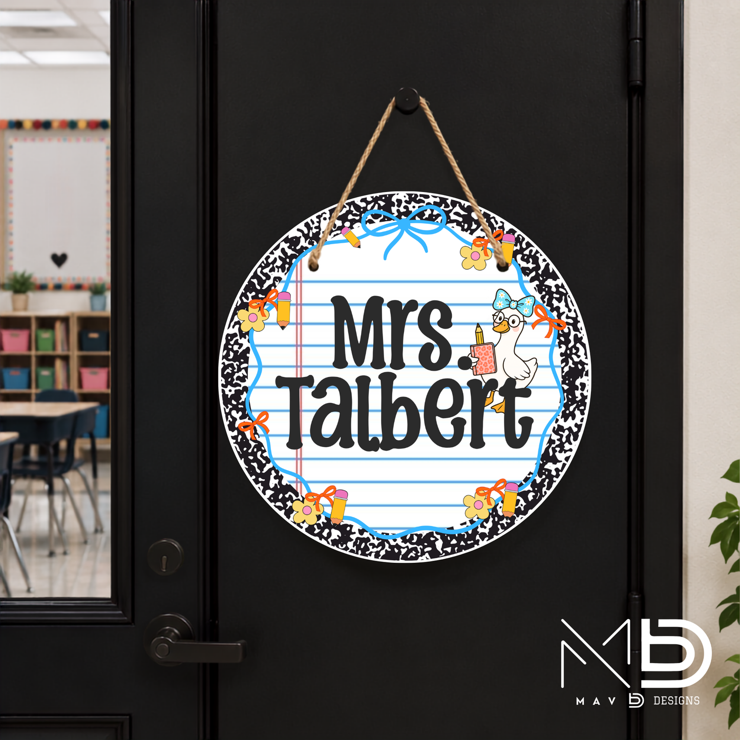 Black Composition Goosey | Personalized Teacher Door Hanger | Custom Classroom Sign | 10” Metal Door Decor