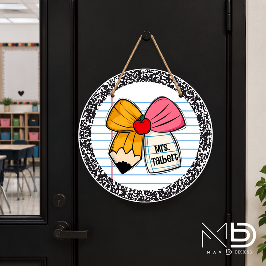 Black Composition Cutie Bow | Personalized Teacher Door Hanger | Custom Classroom Sign | 10” Metal Door Decor